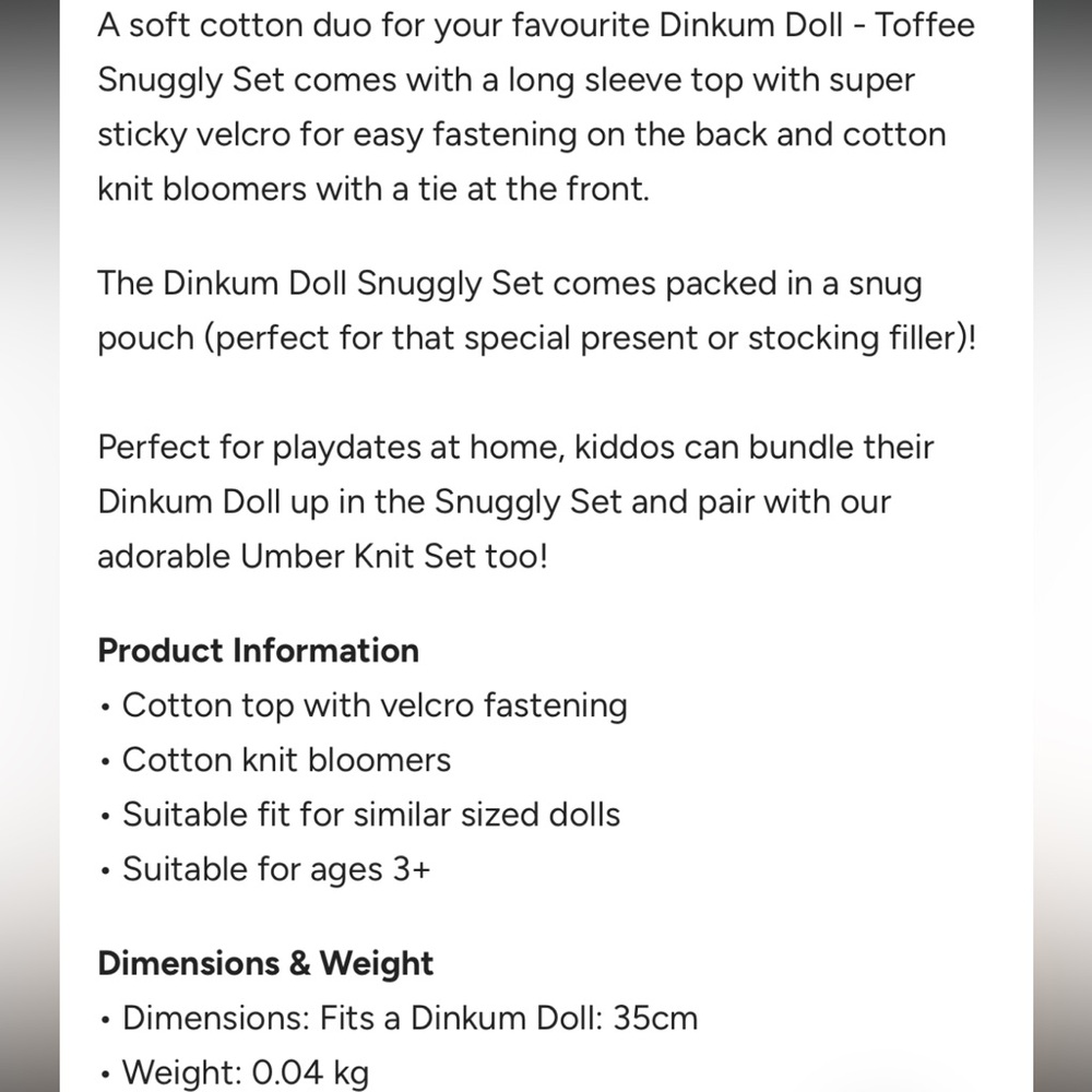 NEW Olli Ella Dinkum Doll Snuggly Set Toffee Doll Clothes Outfit Set 14” Doll - Picture 5 of 6